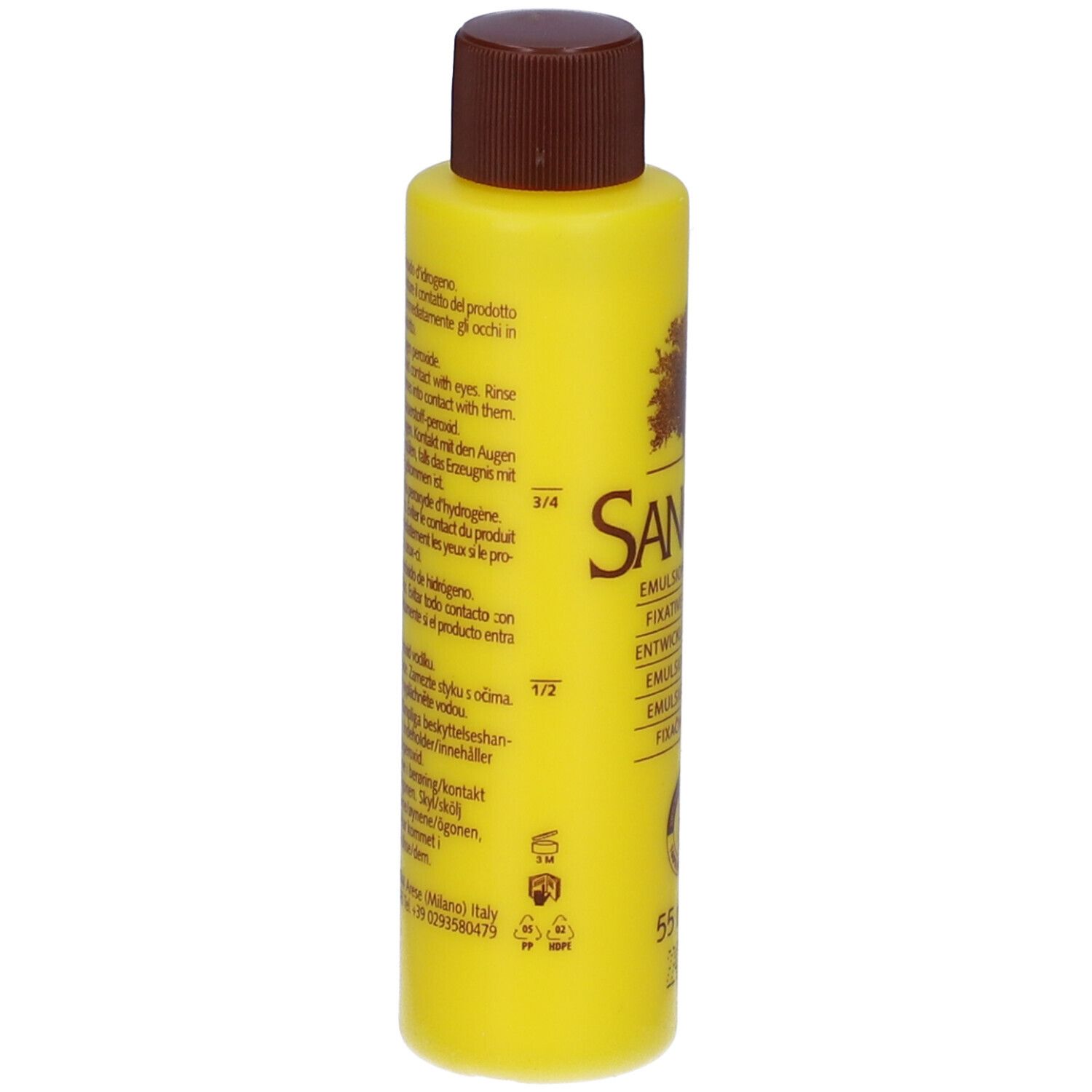 Flacone giallo, tappo marrone. Sanotint Emulsione Fissante. Retro con testo.