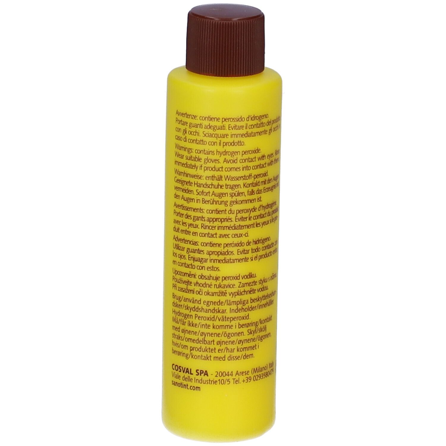 Flacone giallo, tappo marrone. Sanotint Emulsione Fissante. Retro con testo.