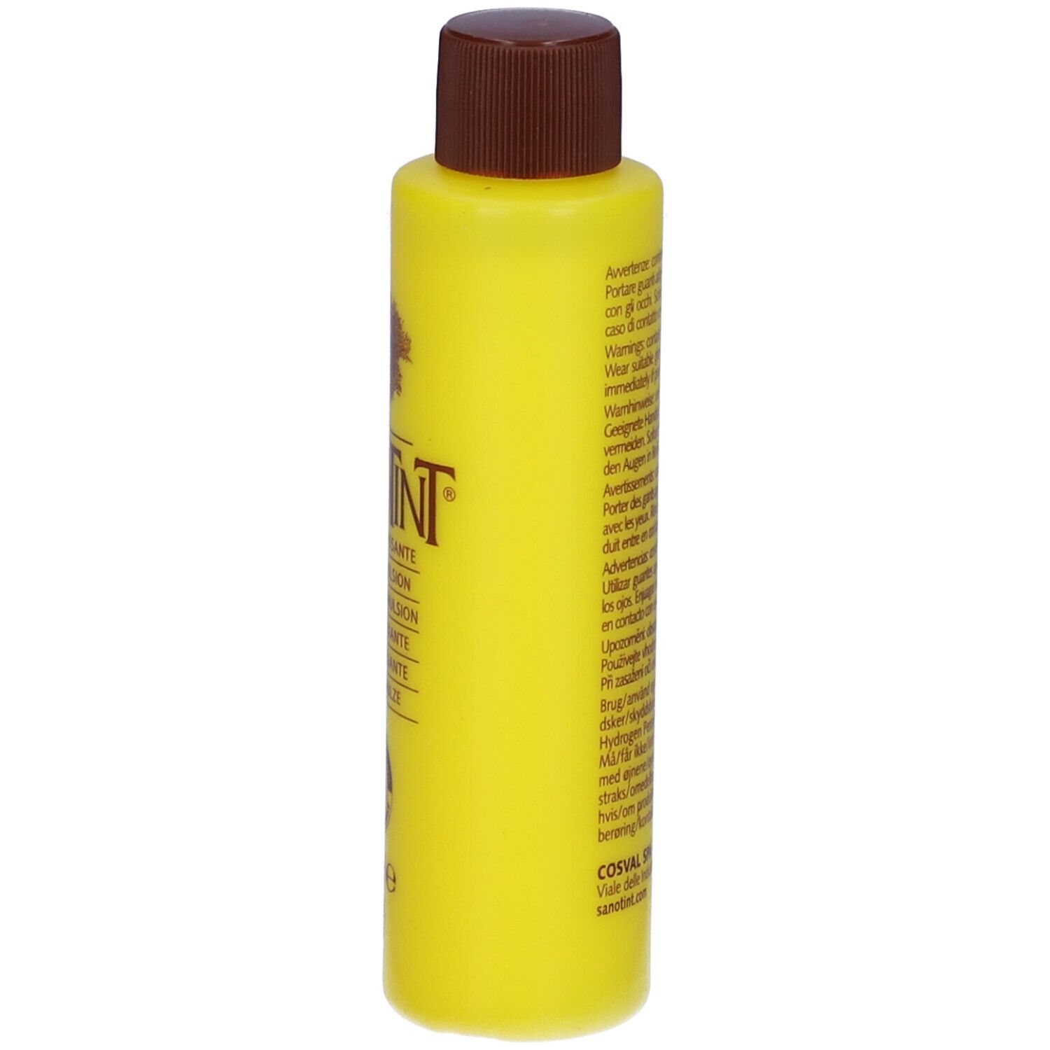 Flacone giallo, tappo marrone. Sanotint Emulsione Fissante. Retro con testo.