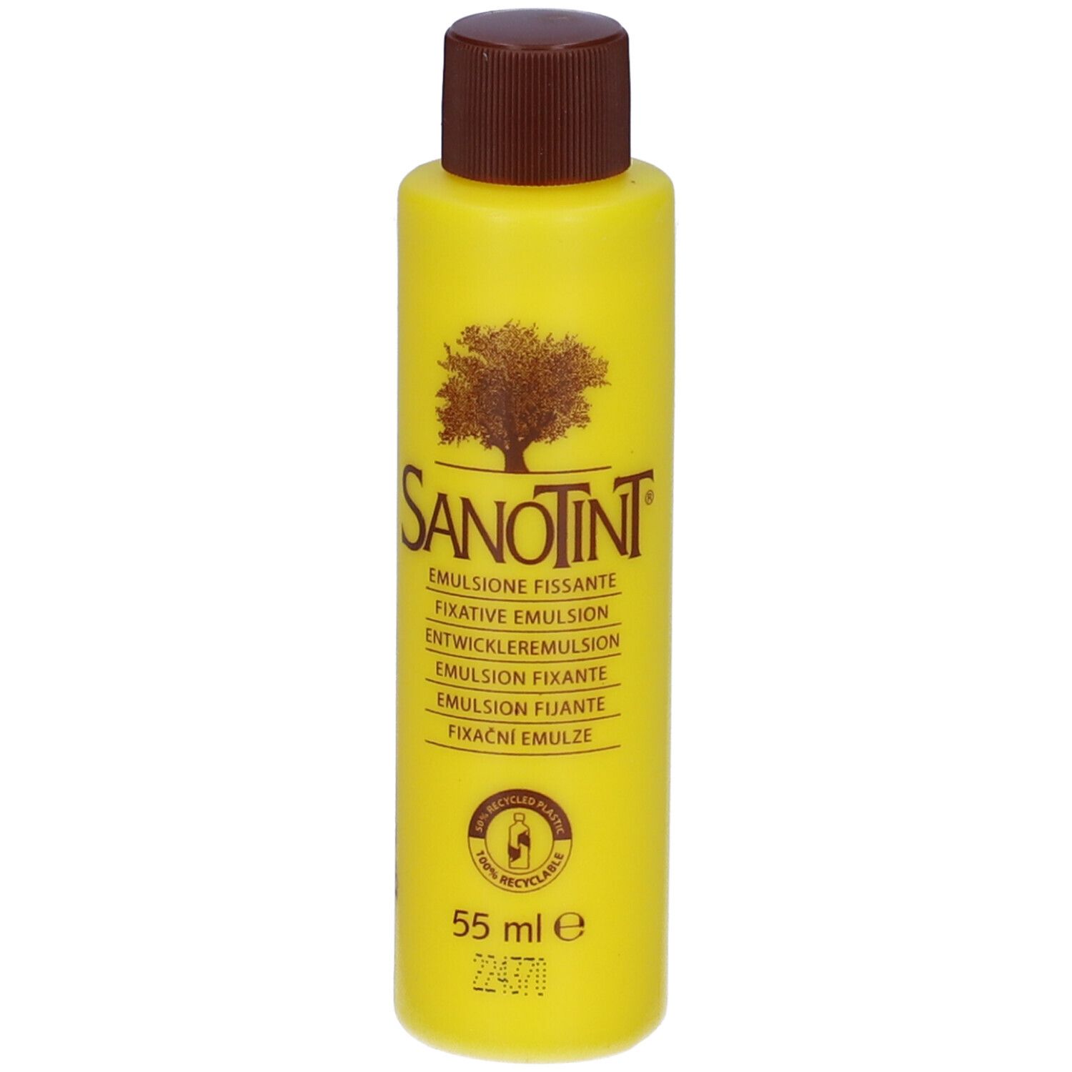 Flacone giallo, tappo marrone. Sanotint Emulsione Fissante. Fronte con testo.