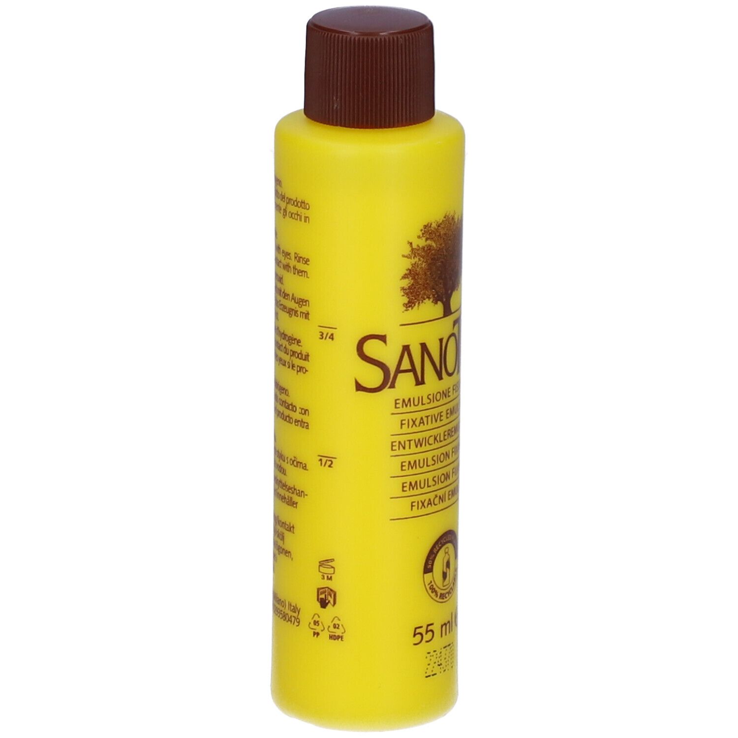 Flacone giallo, tappo marrone. Sanotint Emulsione Fissante. Fronte con testo.