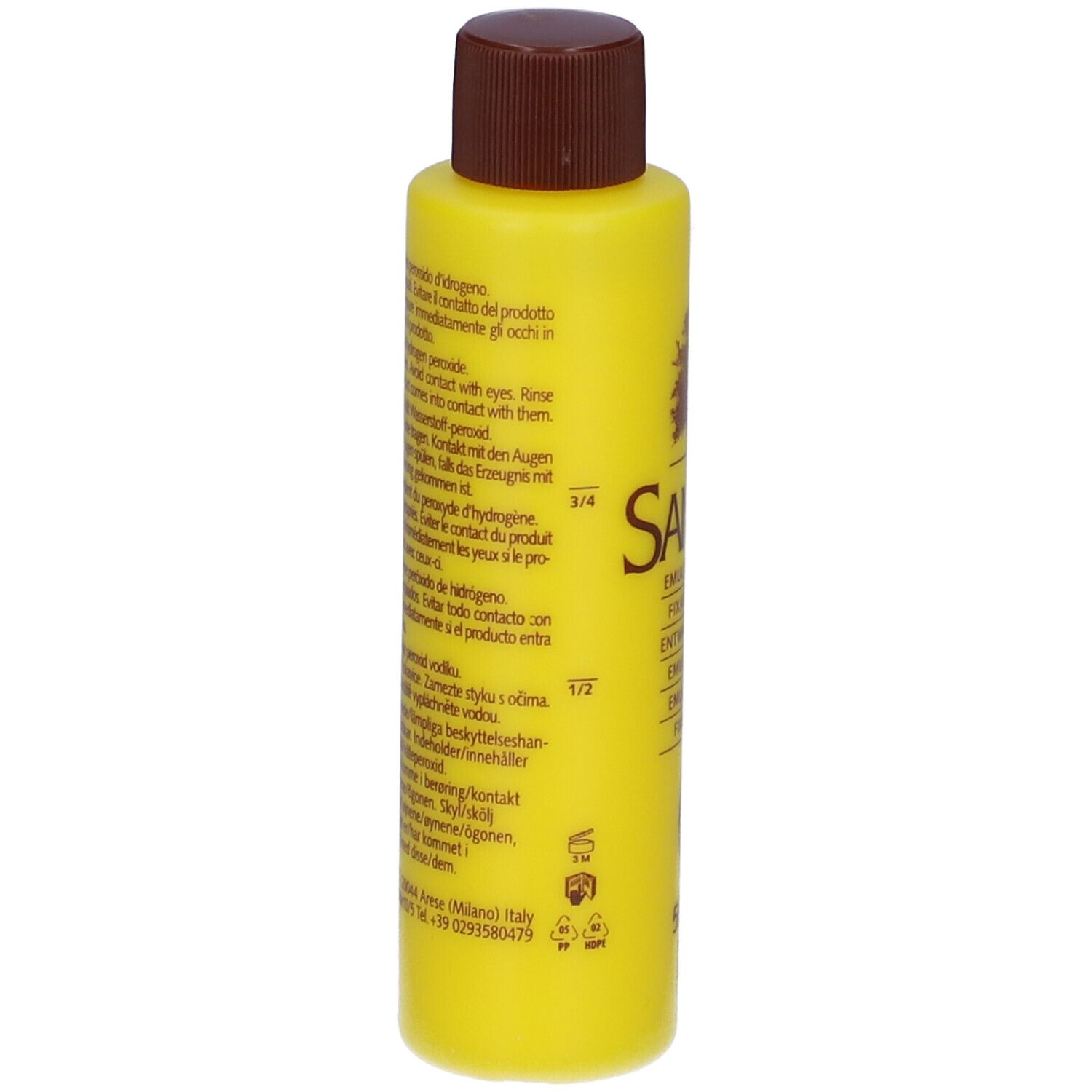 Flacone giallo, tappo marrone. Sanotint Emulsione Fissante. Retro con testo.