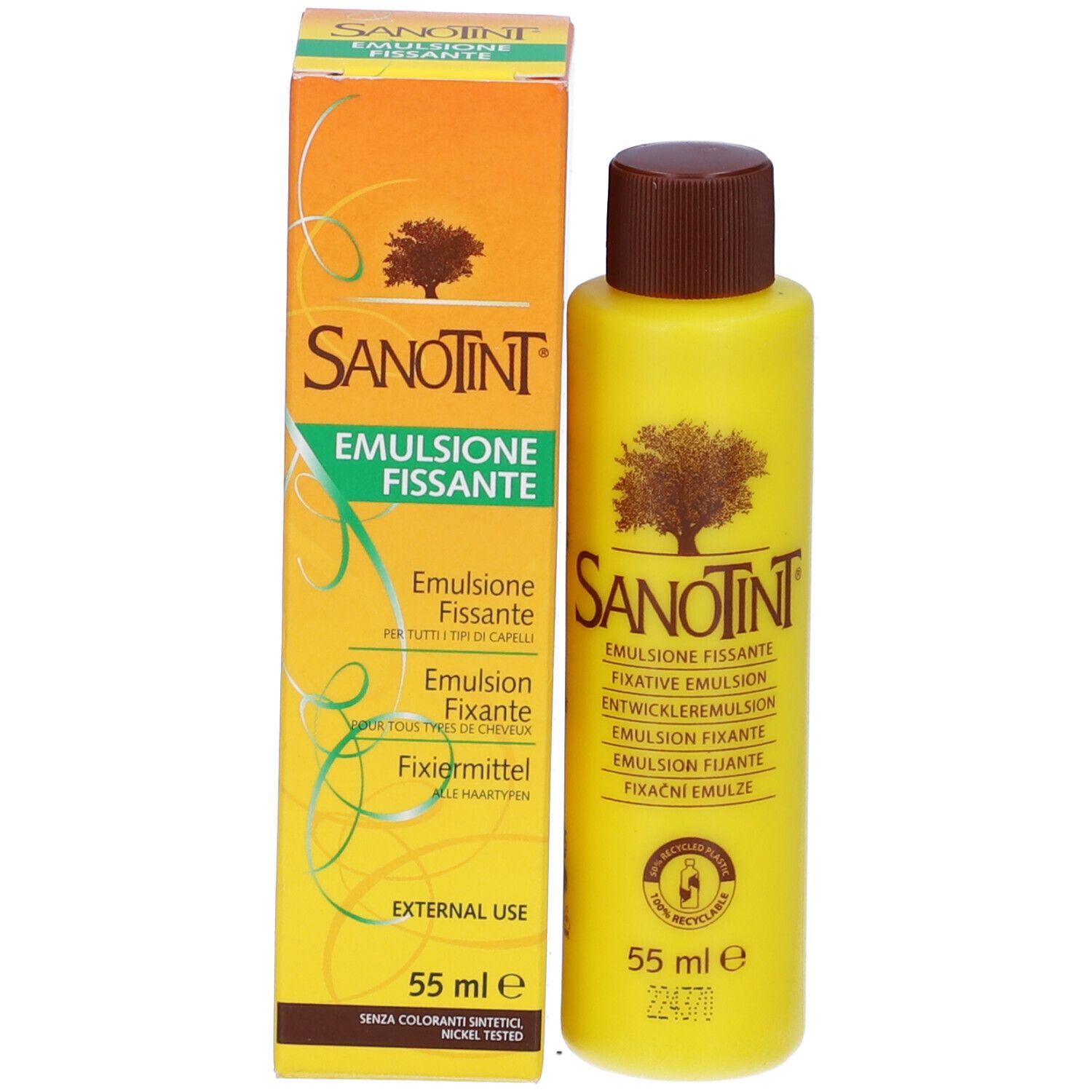 Flacone giallo, tappo marrone e confezione. Sanotint Emulsione Fissante.