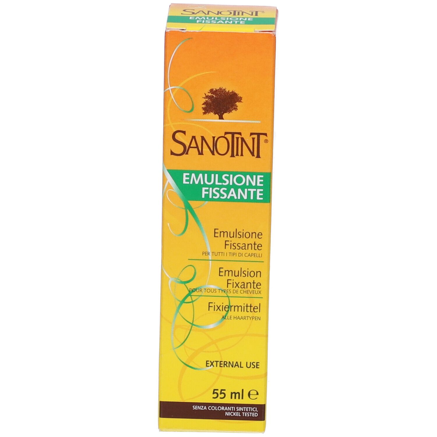 Confezione. Sanotint Emulsione Fissante. Arancione-giallo con testo e logo.