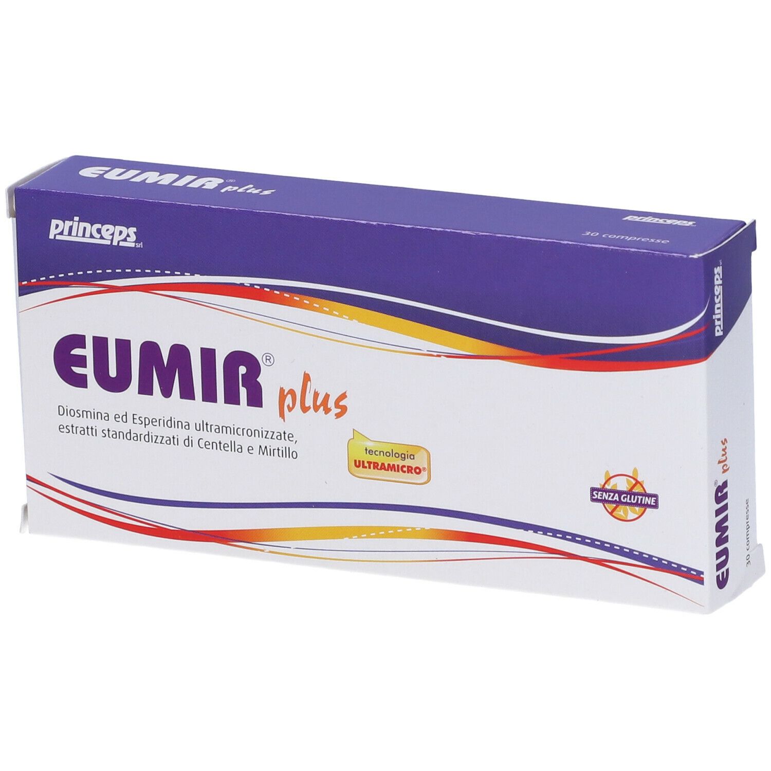 Scatola "EUMIR plus". Confezione viola e bianca. Logo "Princeps" in alto a sinistra. Sigillo "Senza glutine".