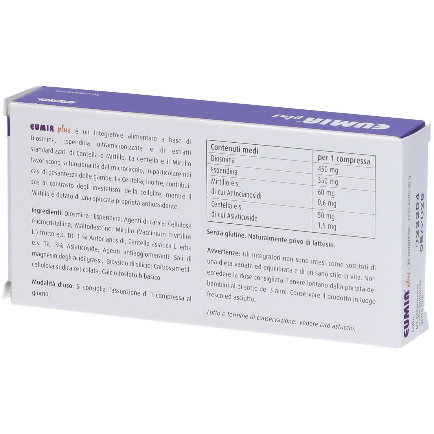 Retro della scatola "EUMIR plus". Testo con ingredienti e informazioni nutrizionali. Avviso "Senza glutine".