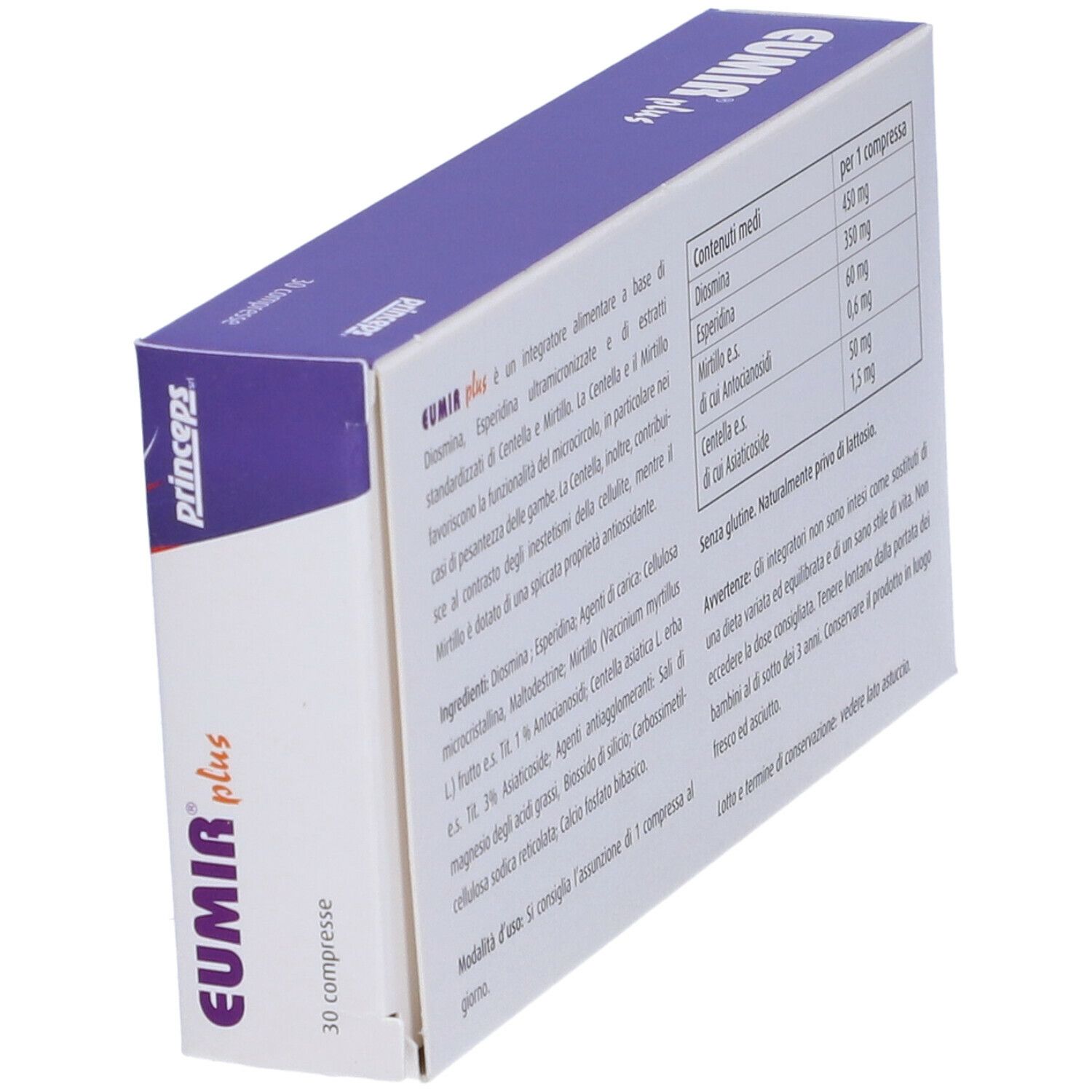 Vista laterale della scatola "EUMIR plus". Logo "EUMIR plus" e indicazione "30 compresse". Logo "Princeps".