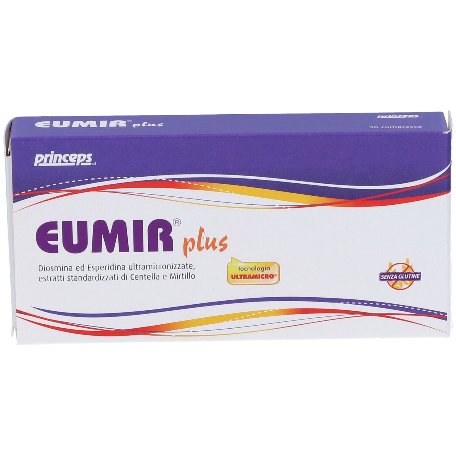 Fronte della scatola "EUMIR plus". Confezione viola e bianca. Logo "EUMIR plus". Sigillo "Senza glutine".