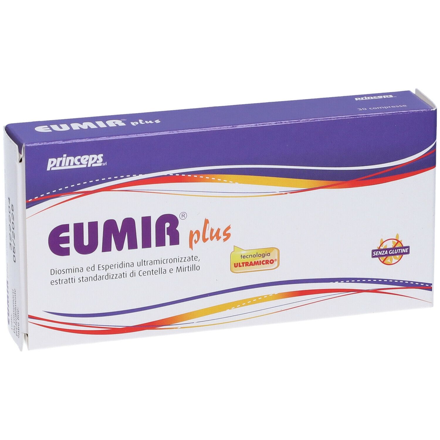 Fronte della scatola "EUMIR plus". Confezione viola e bianca. Logo "EUMIR plus". Sigillo "Senza glutine".