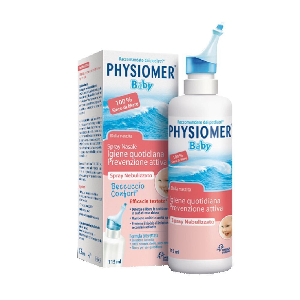 Nasenspray Physiomer Baby mit Verpackung. Flasche und Schachtel zeigen Produktnamen und Details. Mit Nasenaufsatz.