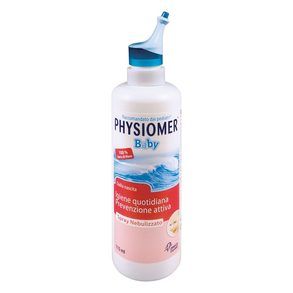 Physiomer Baby Nasenspray. Weiße Flasche mit blauem Nasenaufsatz. Produktname und Details auf der Flasche.