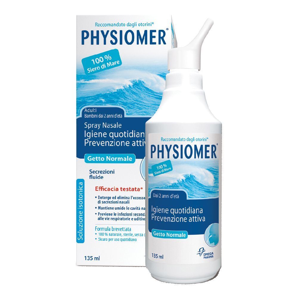 Physiomer Nasenspray mit Applikator und Verpackung. 100% Meerwasser.