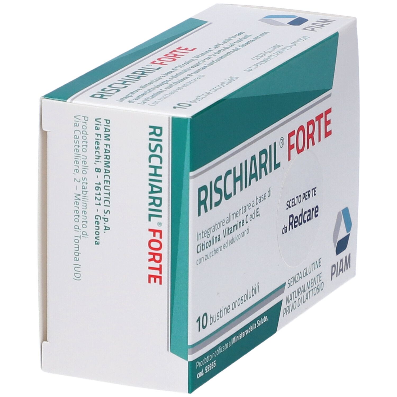 Boîte de RISCHIARIL® FORTE. Contient 10 sachets. Texte: Integratore alimentare a base di Citicolina, Vitamina C ed E. Sans gluten.