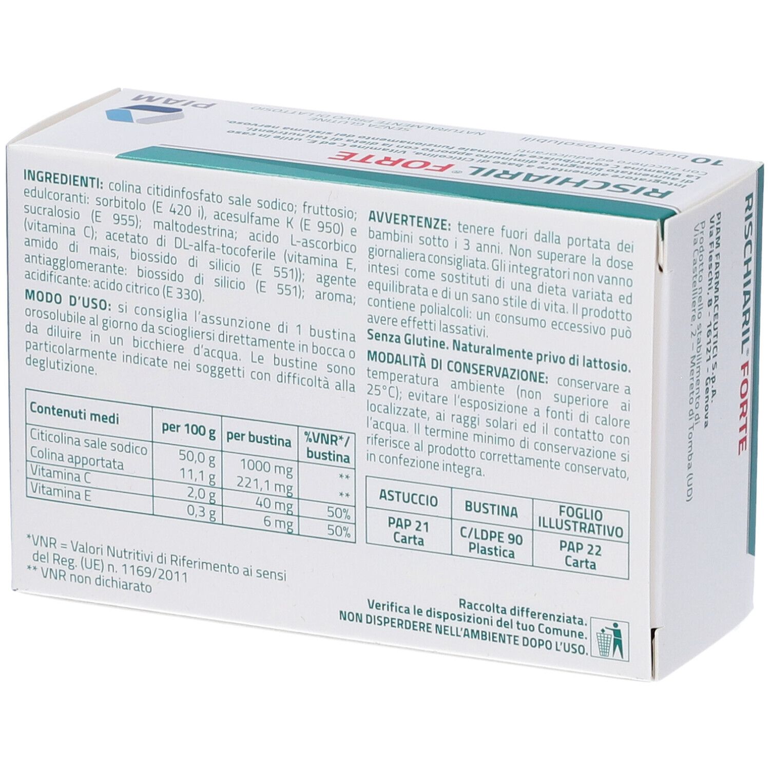 Dos de la boîte de RISCHIARIL® FORTE. Contient ingrédients, instructions et avertissements. Texte en italien.