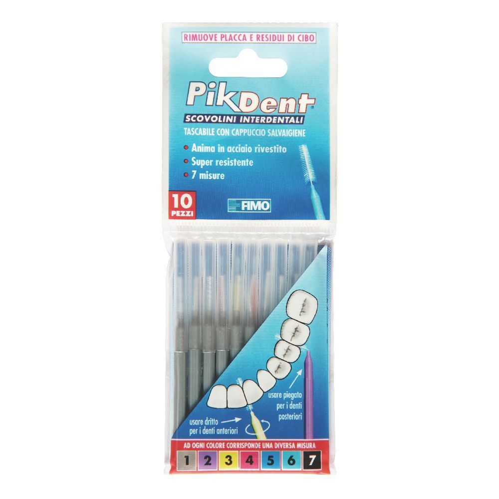 Scovolini interdentali PikDent, 10 pezzi, colori assortiti. Testo: 0,4 mm. Confezione.
