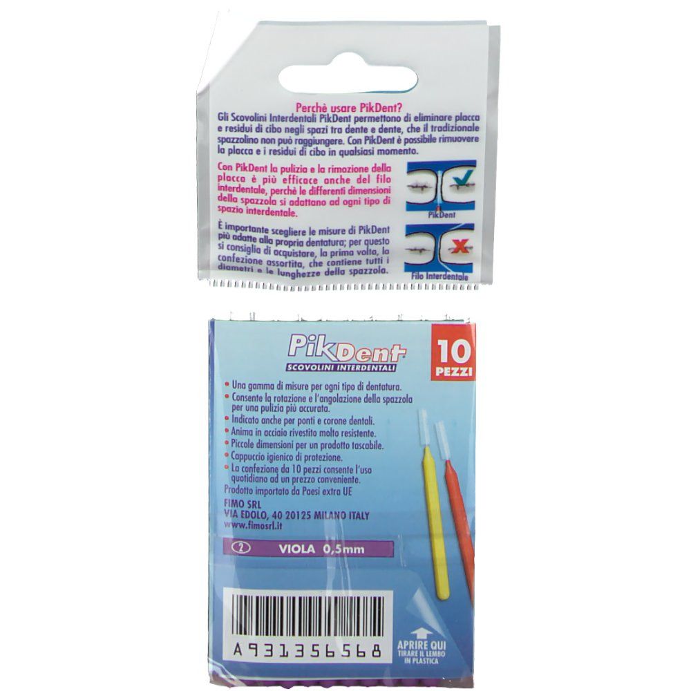 Retro confezione PikDent. Informazioni sugli scovolini. 10 pezzi. Spazzolino viola, 0,5 mm.