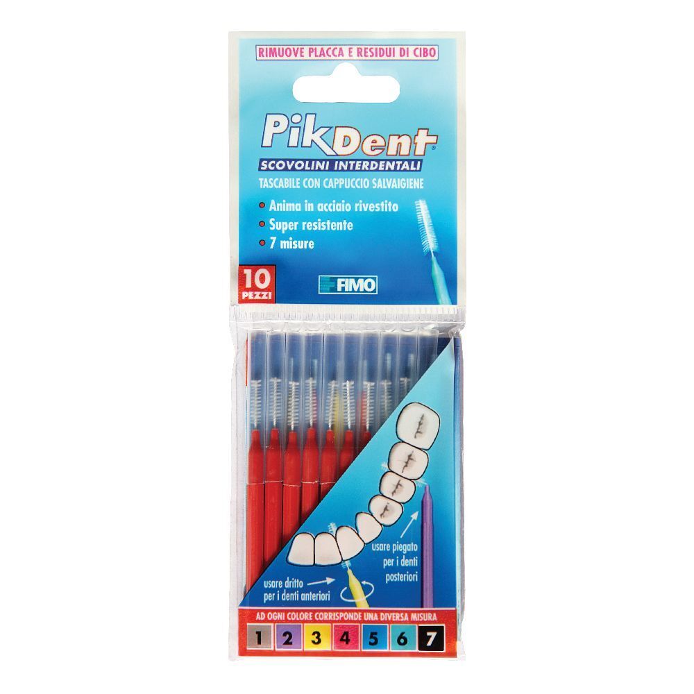 Spazzolini interdentali rossi in confezione. Codice colore. Logo Pikdent e nome del prodotto.
