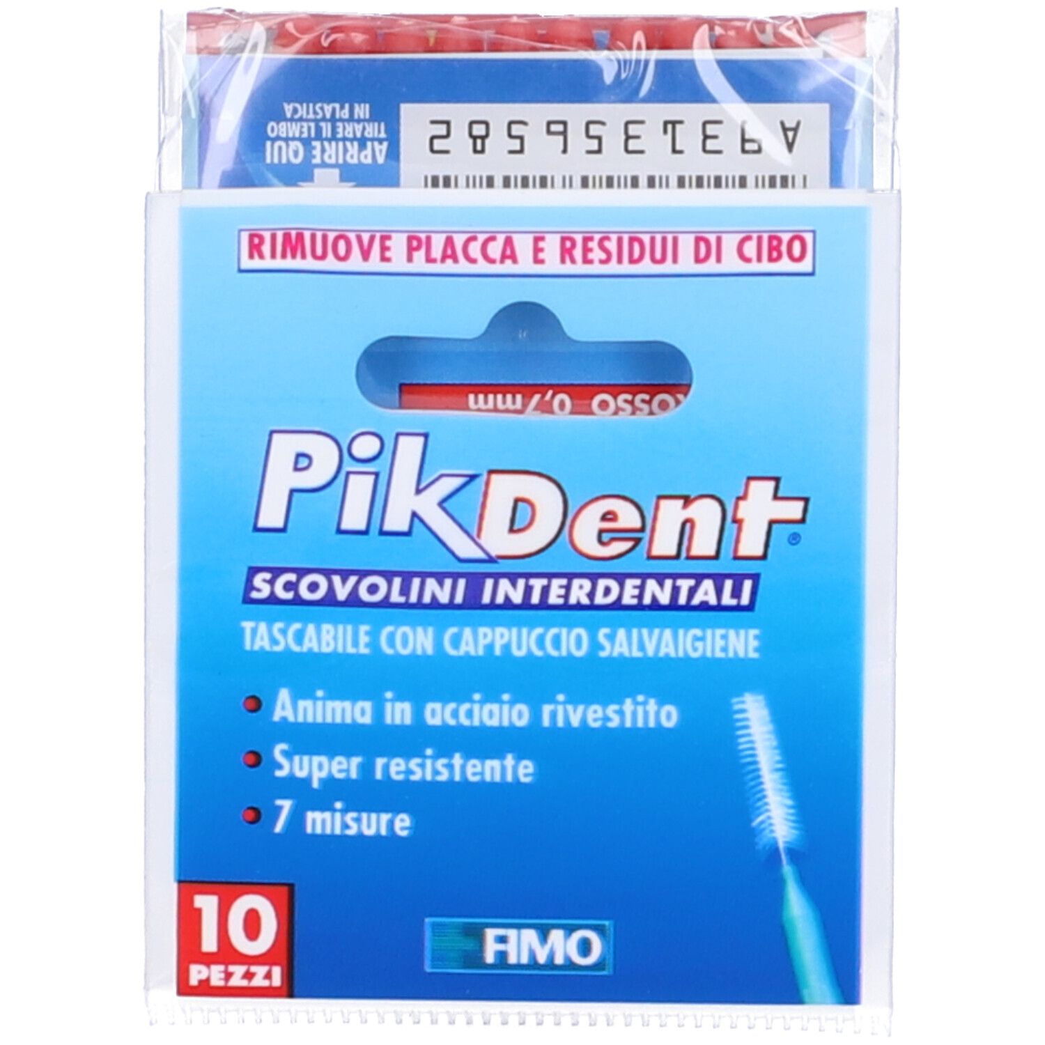 Confezione di spazzolini interdentali rossi. Logo Pikdent, nome prodotto e 10 pezzi.