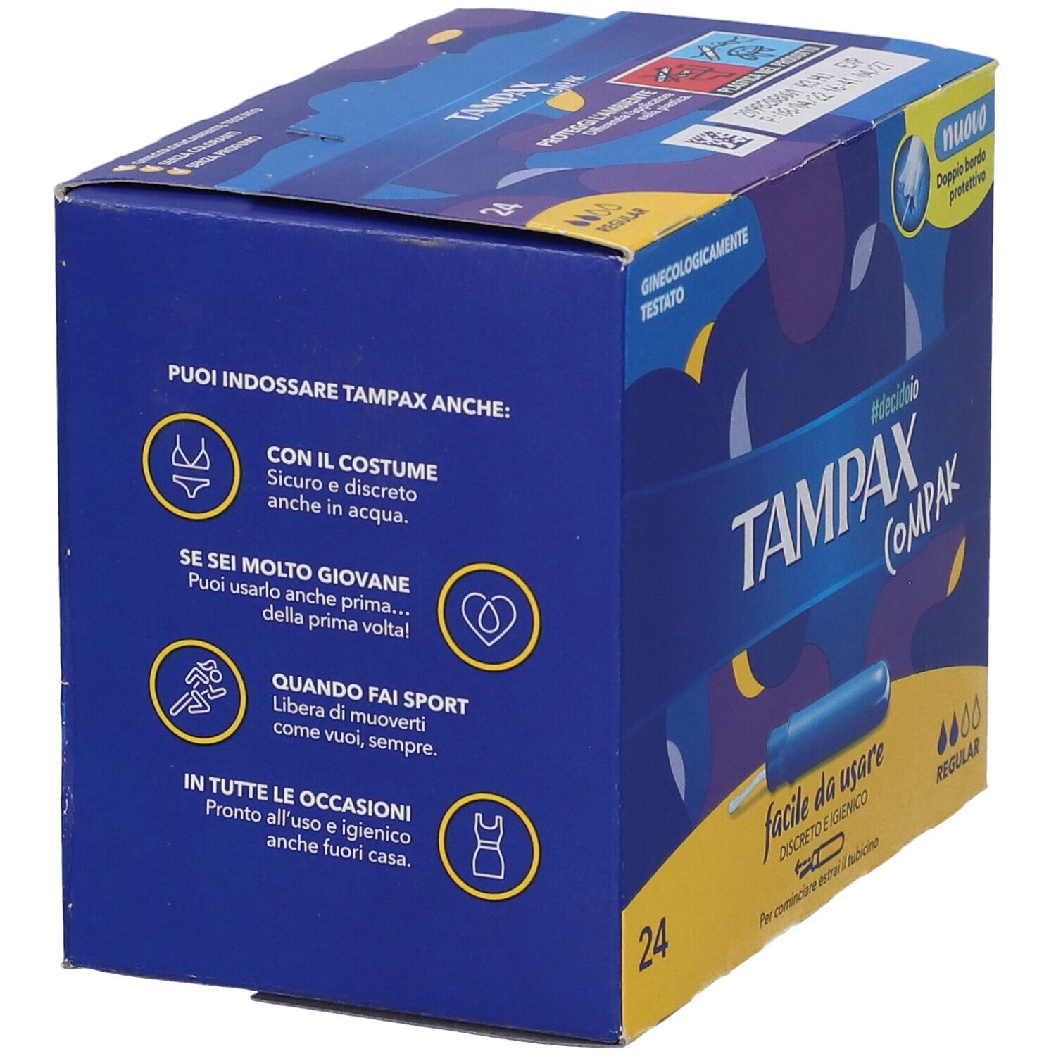 Blaue Verpackung von Tampax Compak Regular. Text und Piktogramme auf der Seite. 24 Stück. Aufschrift: facile da usare.