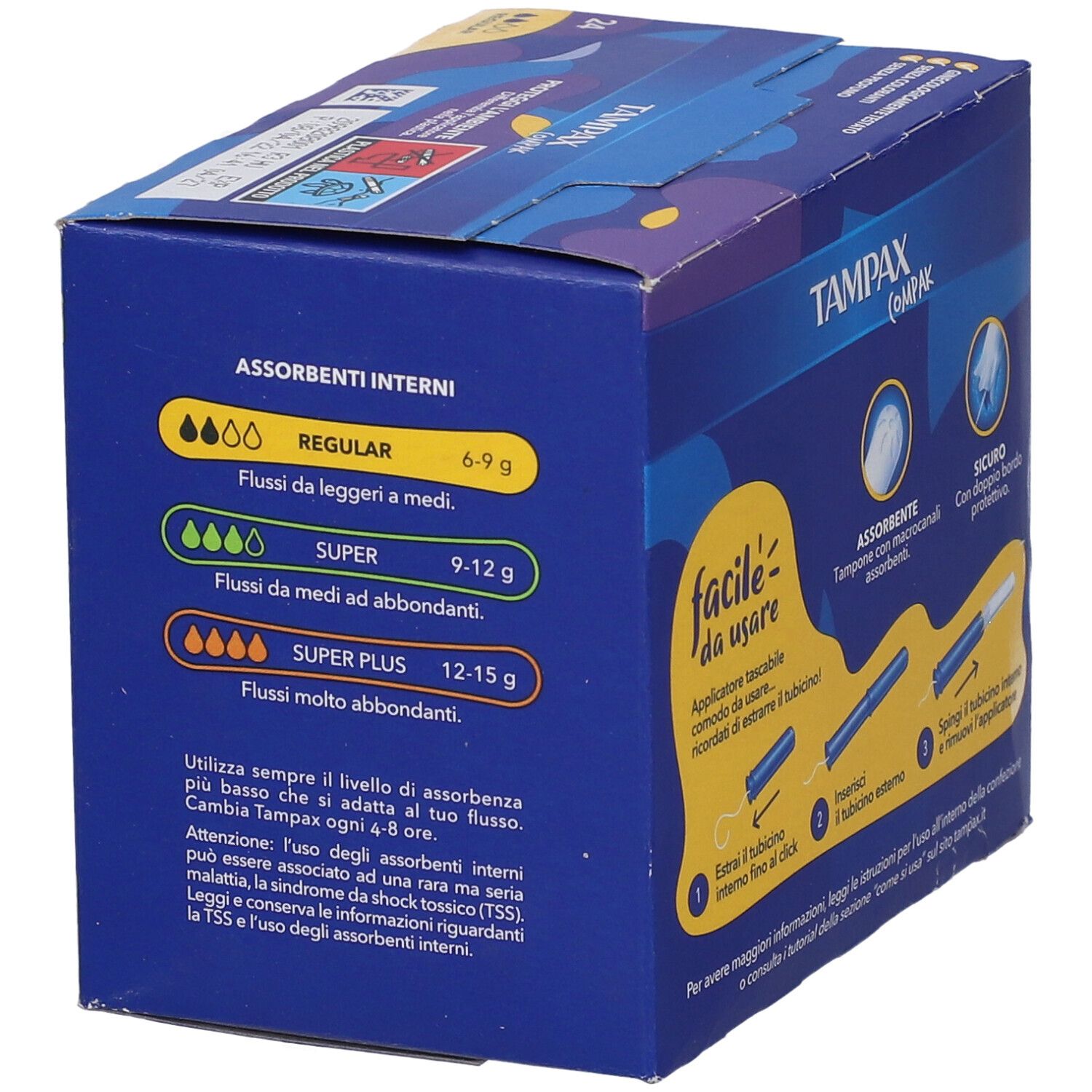 Verpackung von Tampax Compak Regular. Blaue Schachtel mit Produktinformationen und Text. Aufschrift: facile da usare.