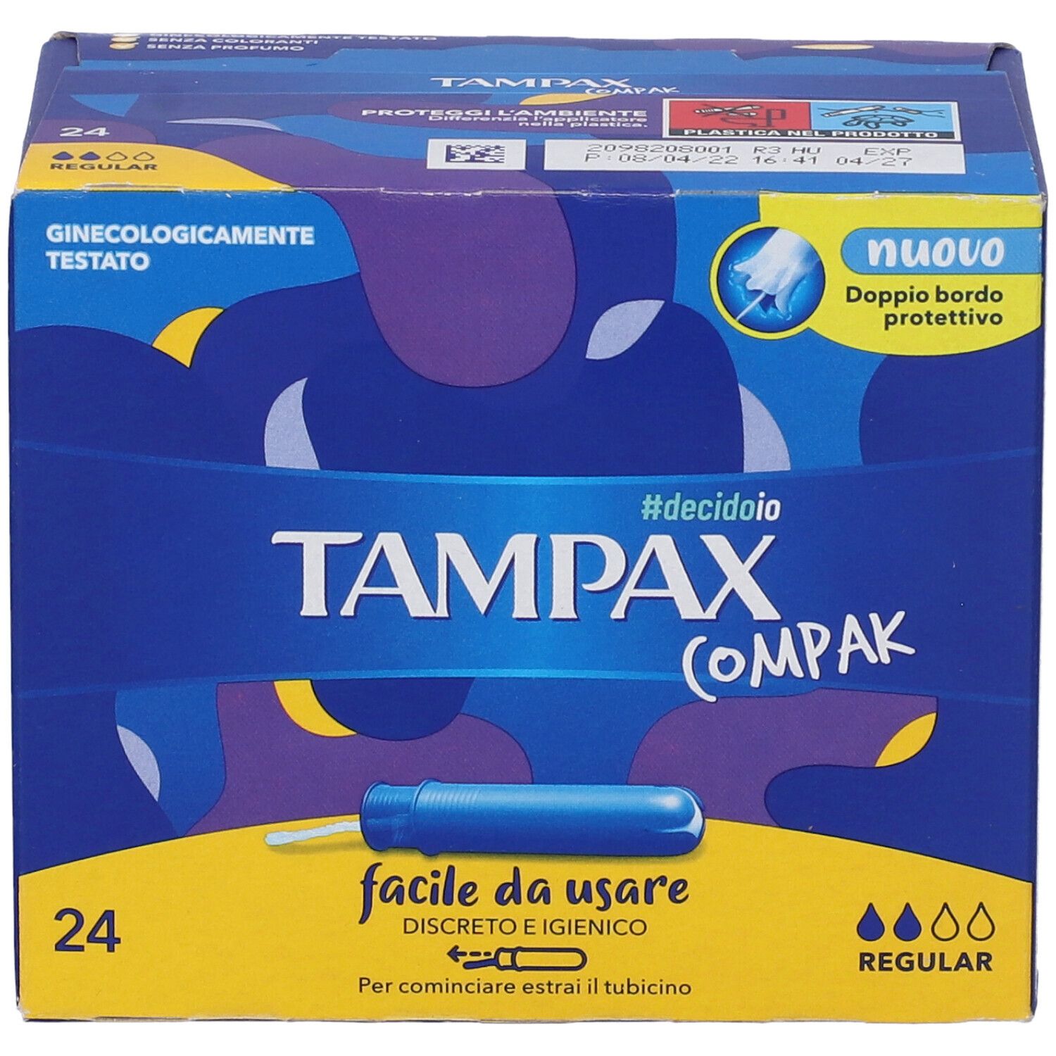 Verpackung von Tampax Compak Regular. Blaue Schachtel mit Produktabbildung und Text. 24 Stück. Aufschrift: facile da usare.