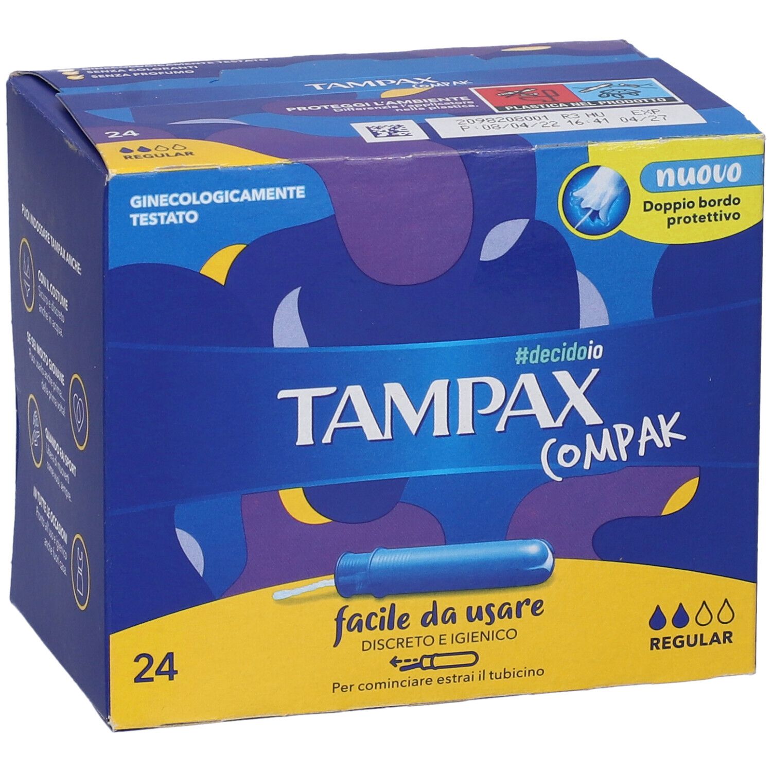 Verpackung von Tampax Compak Regular. Blaue Schachtel mit Produktabbildung und Text. 24 Stück. Aufschrift: facile da usare.