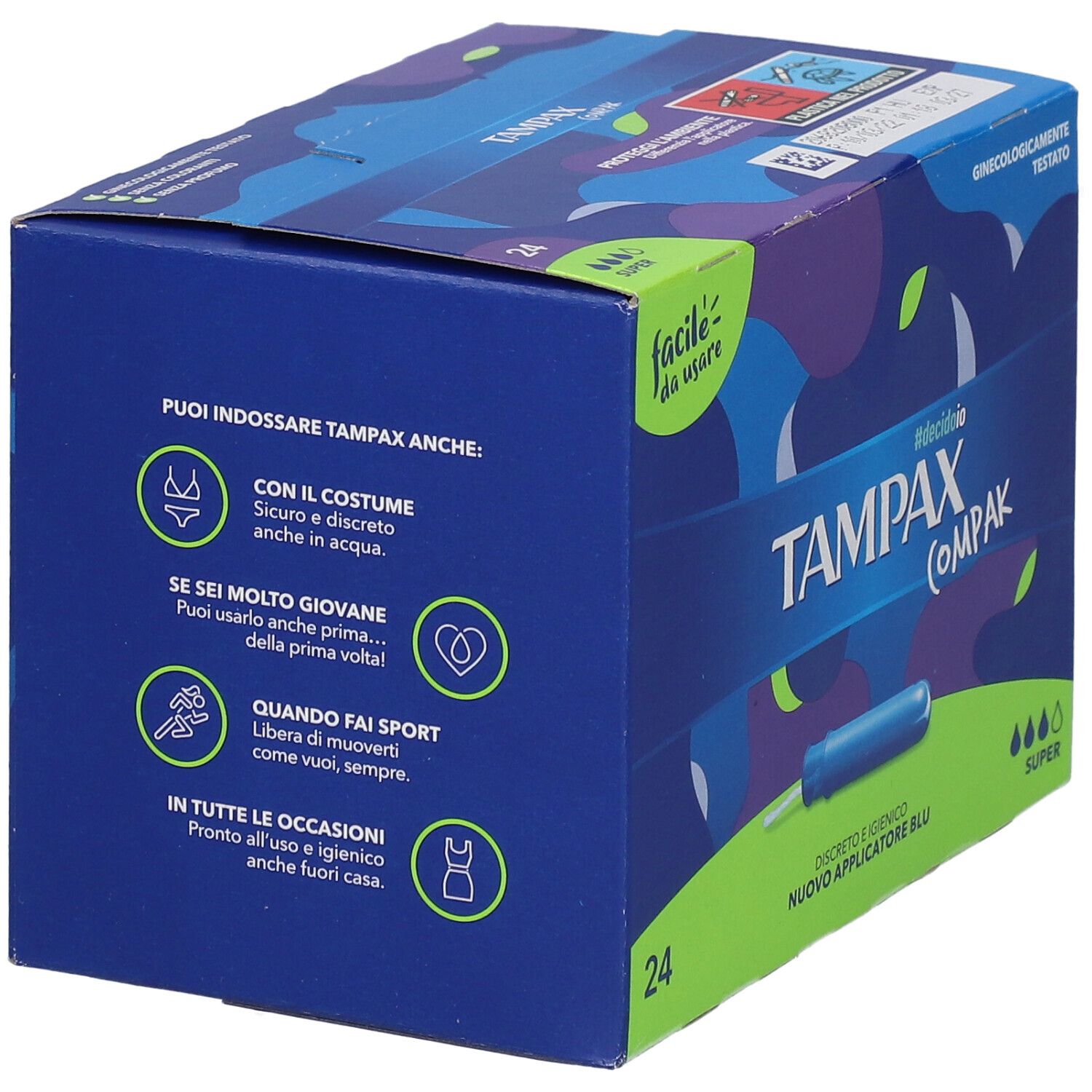 Tampax Compak Super-Verpackung. Blaue Schachtel mit Text und Illustrationen. Enthält 24 Stück. Aufschrift: Tampax Compak, Super.