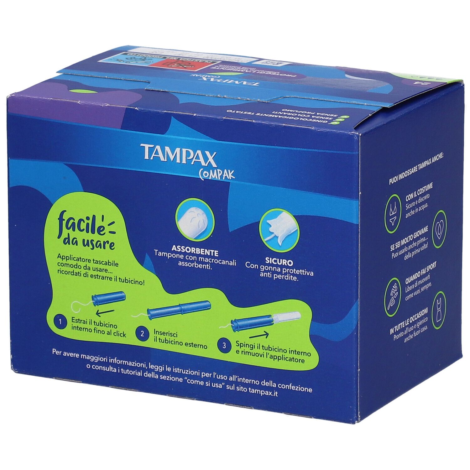 Tampax Compak Super-Verpackung. Blaue Schachtel mit Anweisungen. Enthält 24 Stück. Aufschrift: Tampax Compak, Super. Illustrationen.