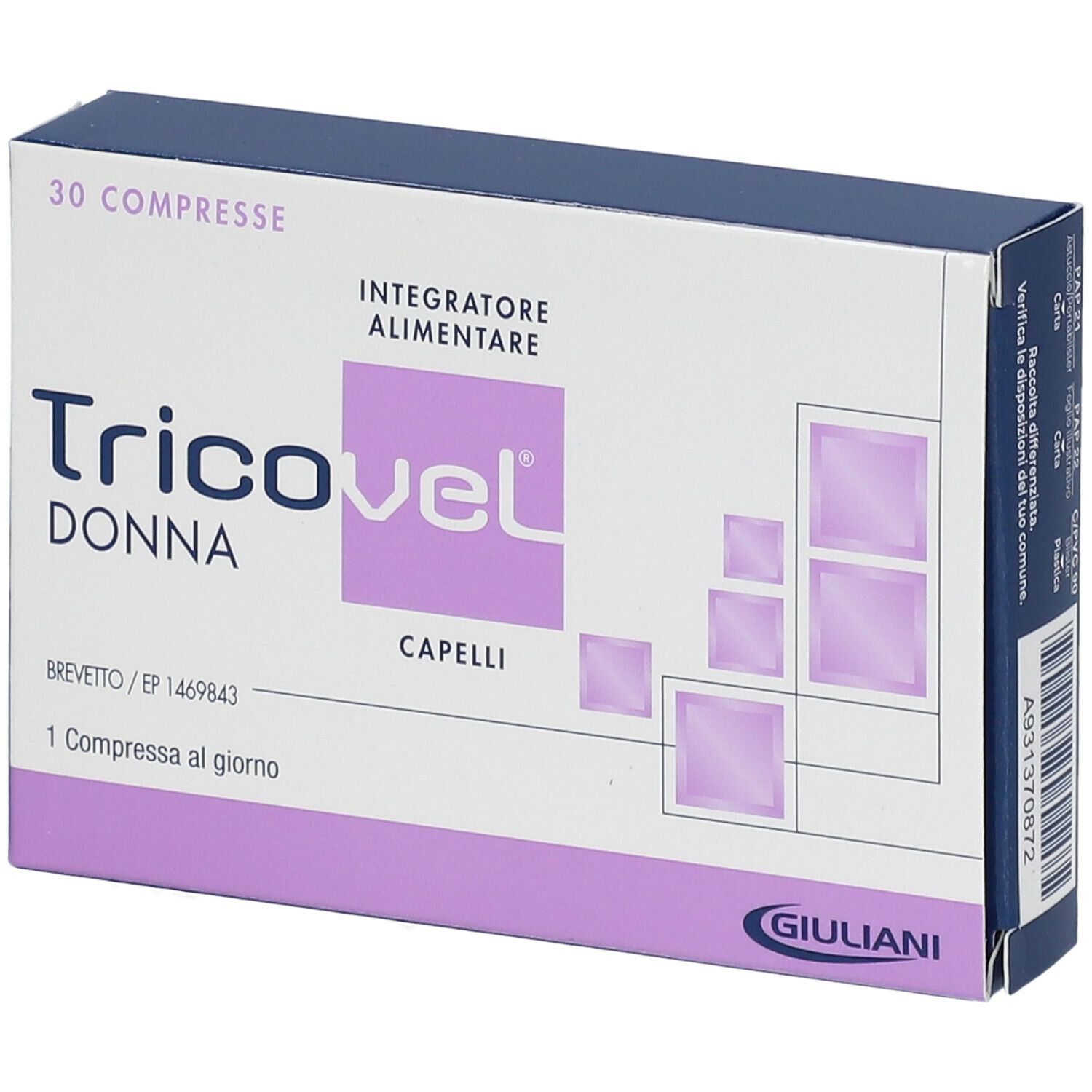 Scatola Tricovel Donna, angolata. 30 compresse, integratore alimentare. Marchio Giuliani.