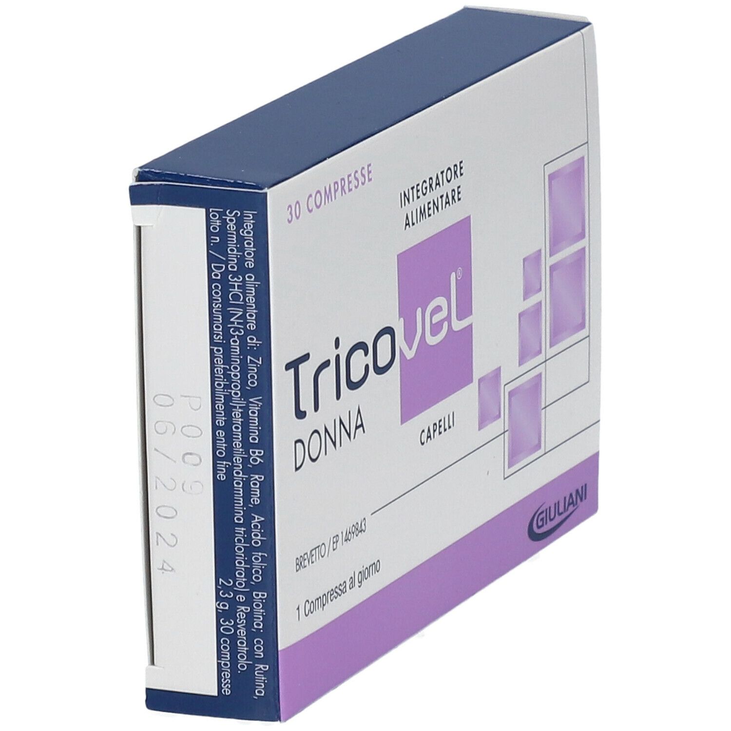 Scatola Tricovel Donna, angolata. Retro con ingredienti e informazioni nutrizionali.