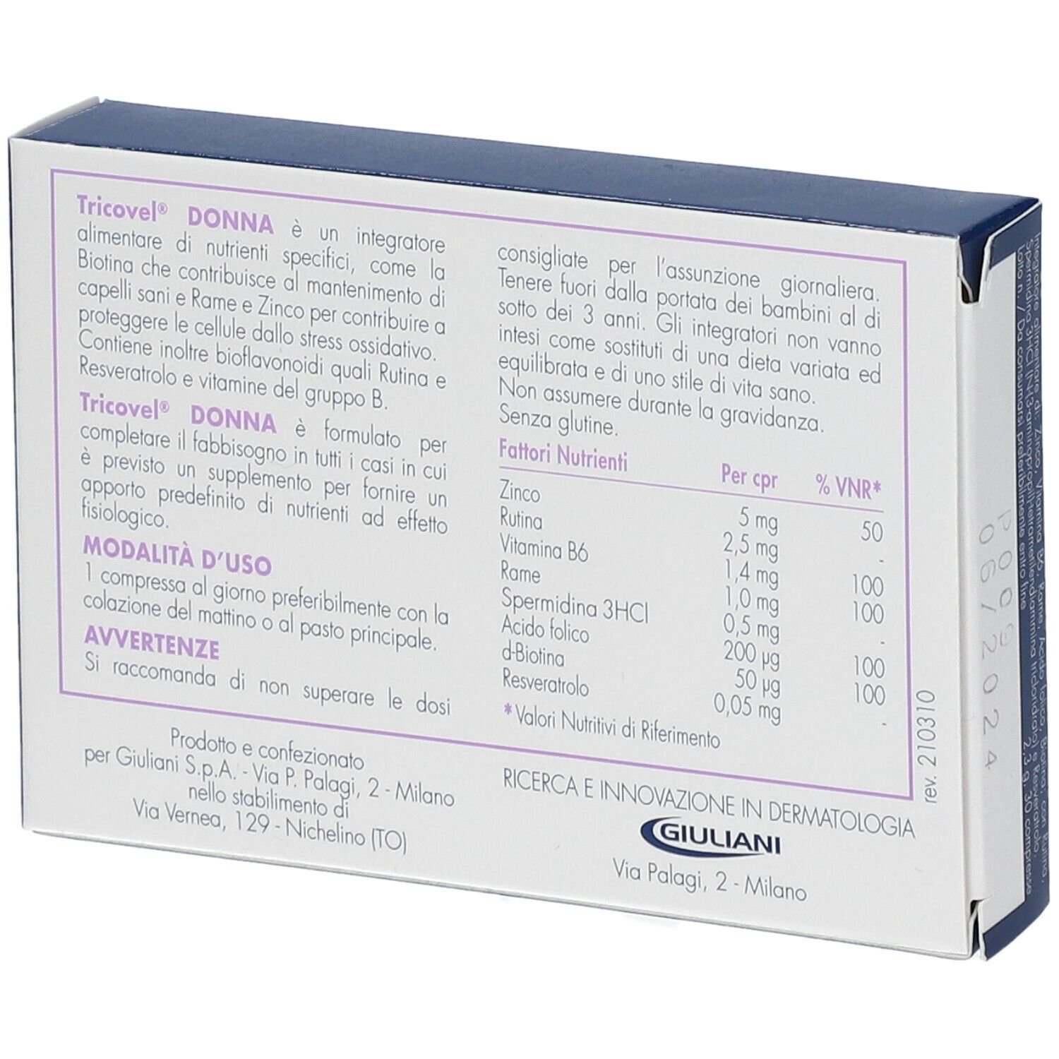 Retro della scatola Tricovel Donna. Ingredienti, informazioni nutrizionali, modalità d'uso.