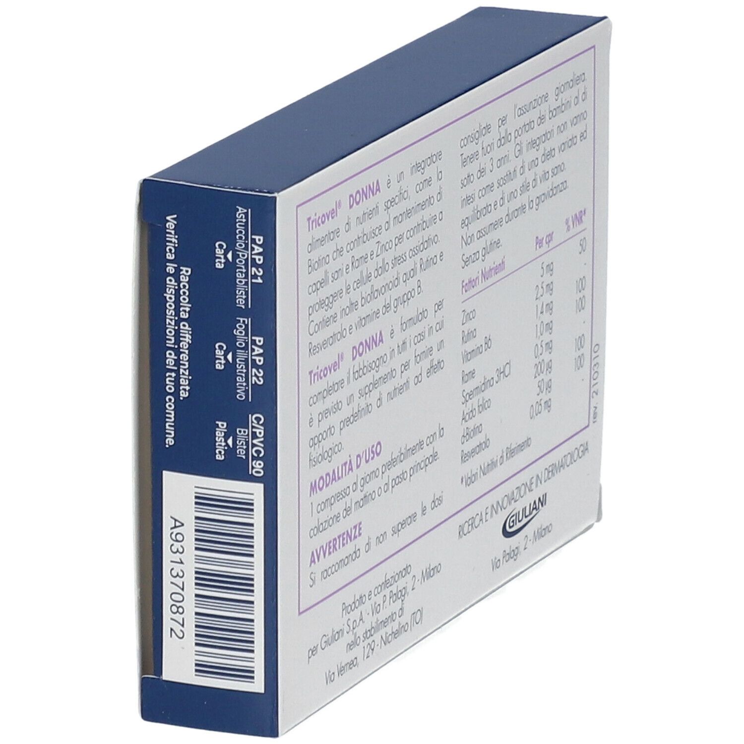 Scatola Tricovel Donna, angolata. Retro con ingredienti e informazioni nutrizionali.