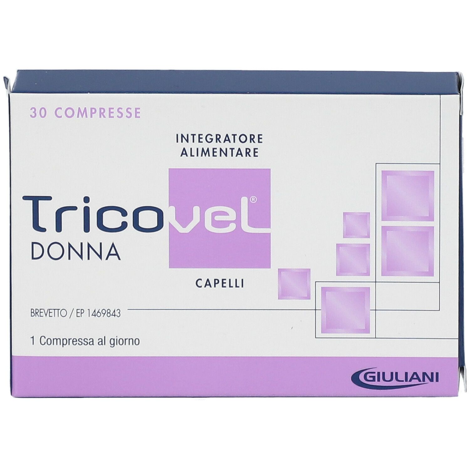 Scatola di Tricovel Donna. 30 compresse, integratore alimentare. Marchio Giuliani.