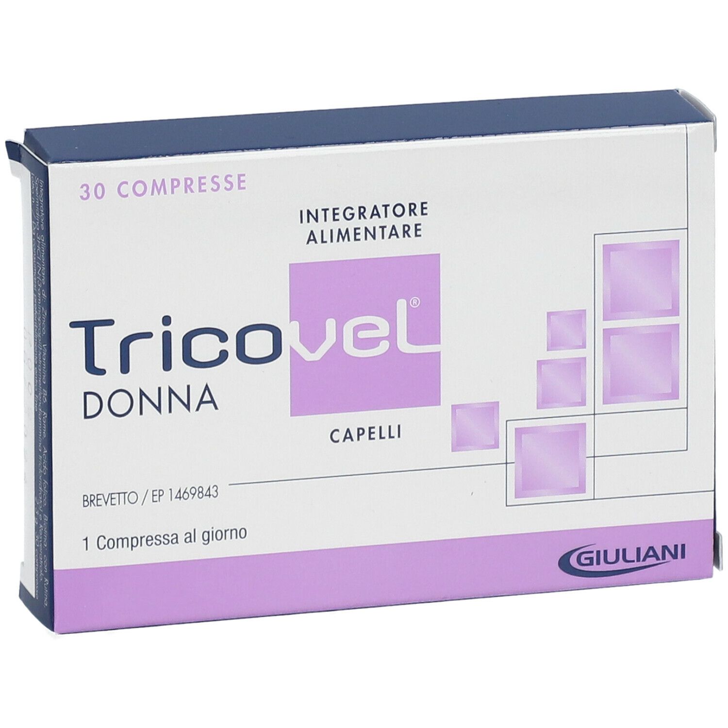 Scatola di Tricovel Donna. 30 compresse, integratore alimentare. Marchio Giuliani.