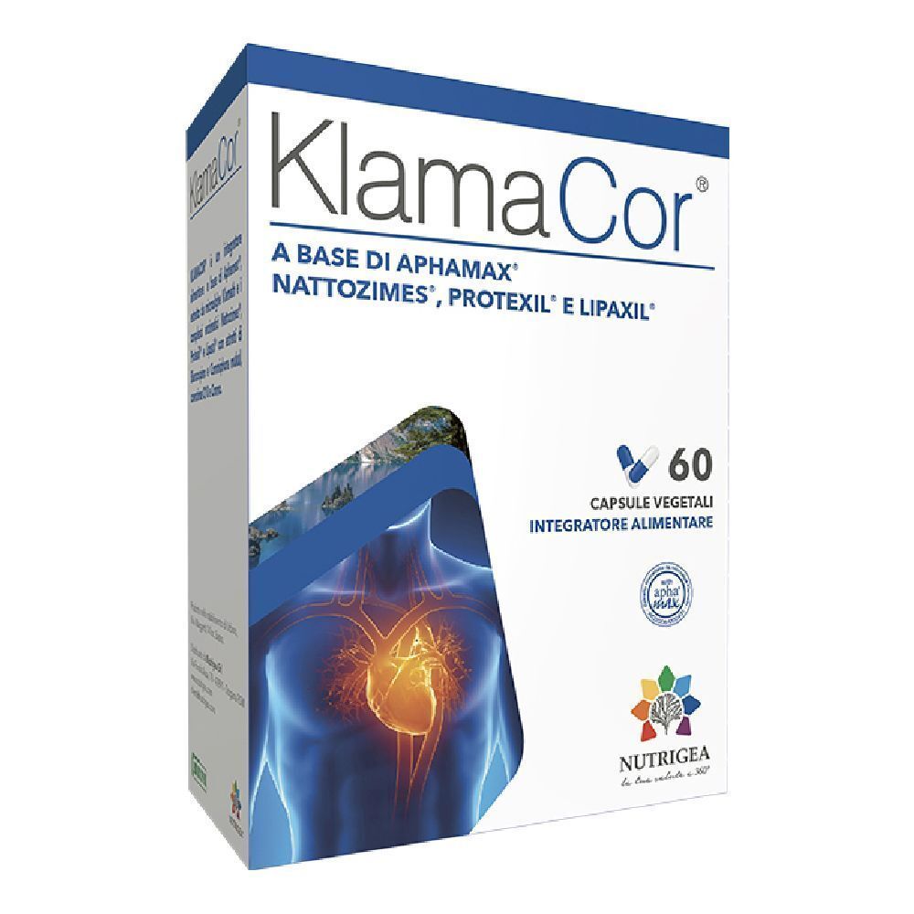 Confezione di Klamacor con 60 capsule. Scritta: A BASE DI APHAMAX, NATTOZIMES, PROTEXIL E LIPAXIL. Immagine di un cuore.