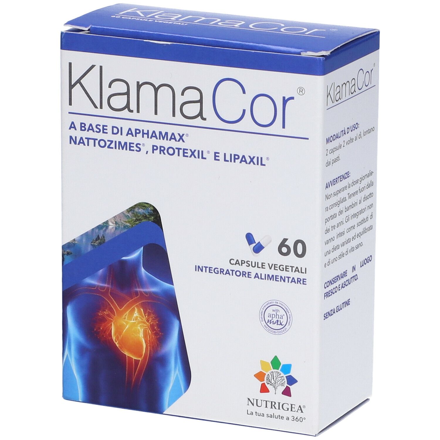 Confezione di Klamacor con 60 capsule. Scritta: A BASE DI APHAMAX, NATTOZIMES, PROTEXIL E LIPAXIL. Logo e 60 capsule.