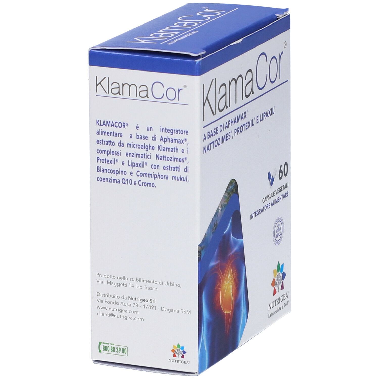 Confezione di Klamacor con 60 capsule. Scritta: A BASE DI APHAMAX, NATTOZIMES, PROTEXIL E LIPAXIL. Logo e 60 capsule.