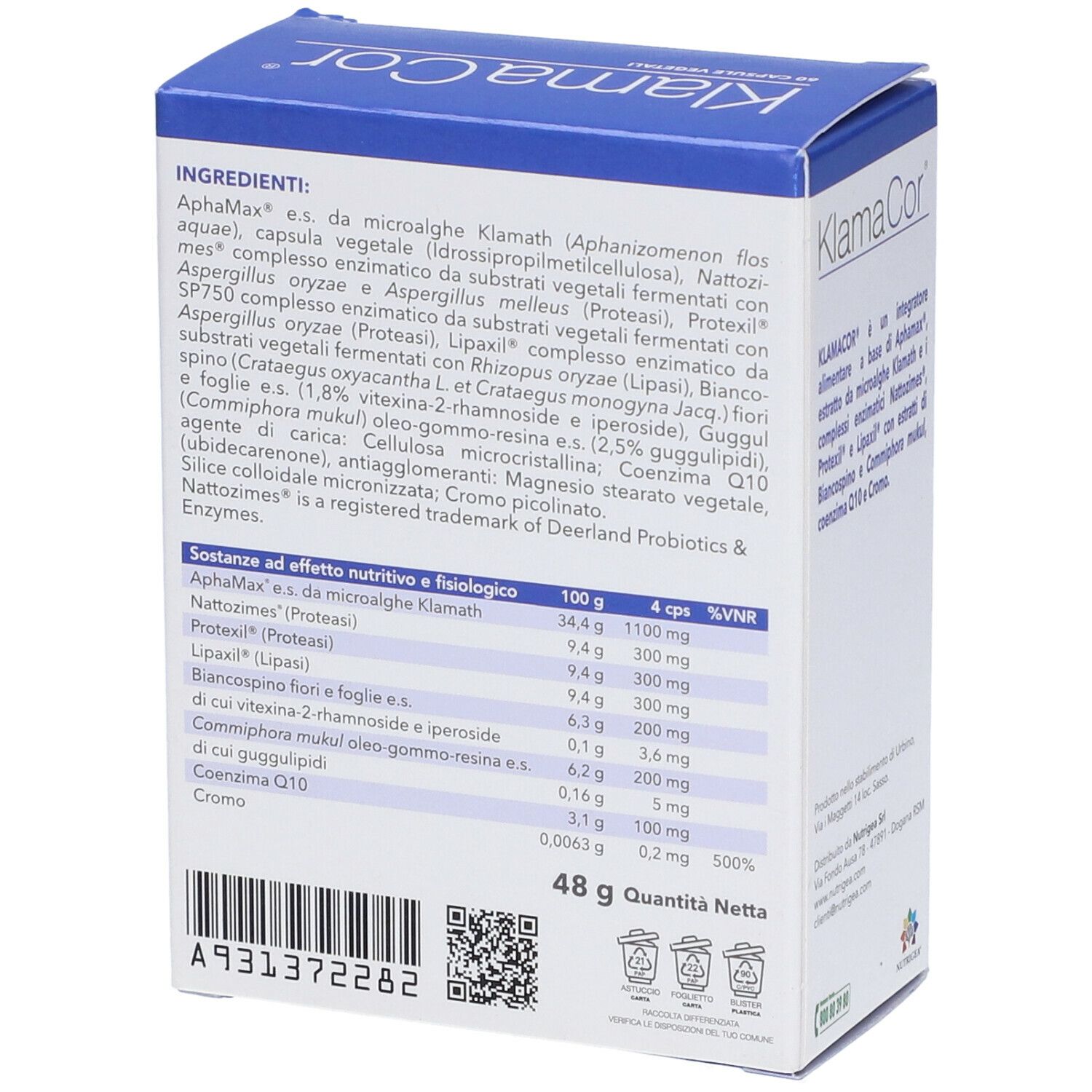Retro della confezione di Klamacor. Contiene informazioni sugli ingredienti e i valori nutrizionali. Peso netto 48 g.