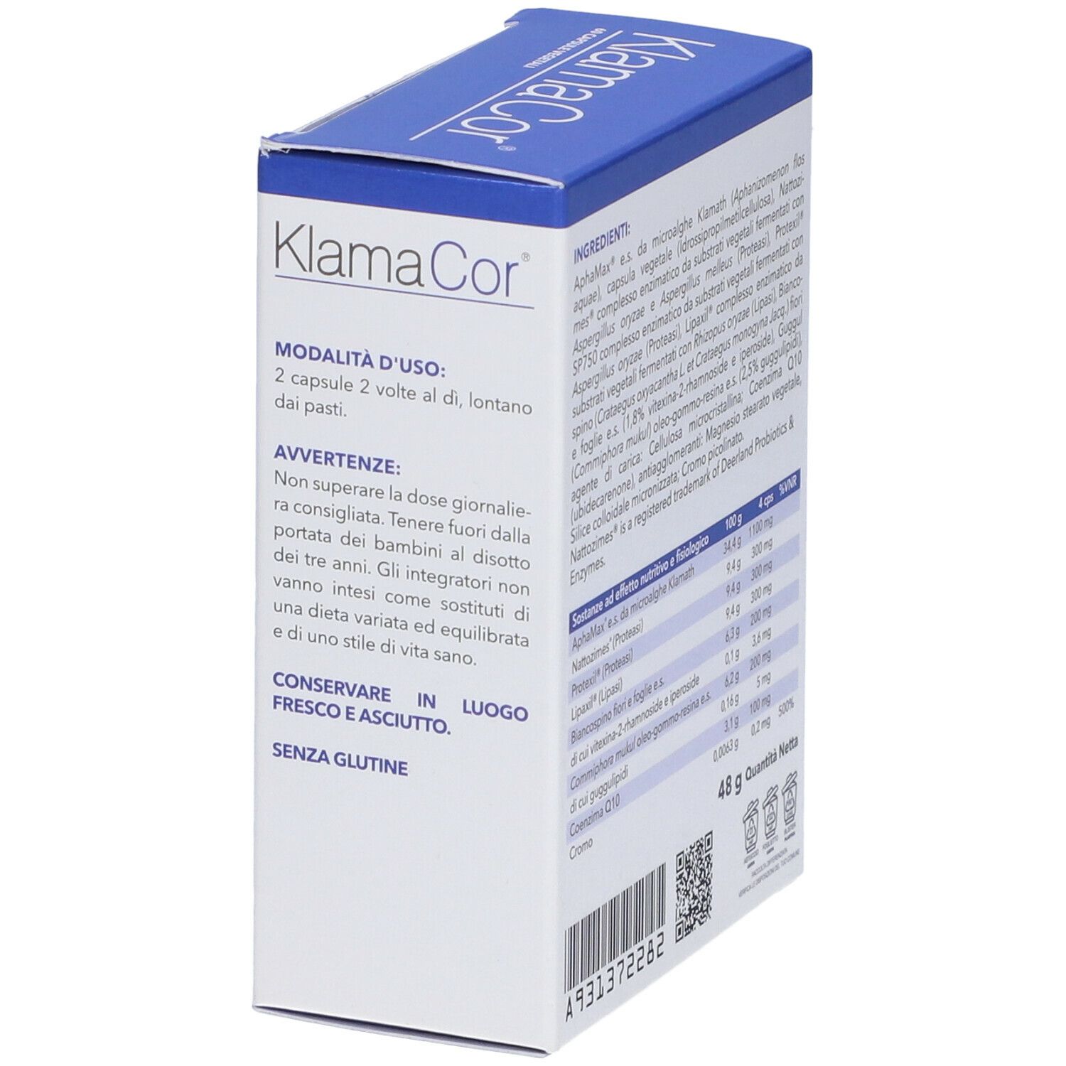 Confezione di Klamacor con informazioni sull'uso e avvertenze. Contiene anche la scritta: SENZA GLUTINE.