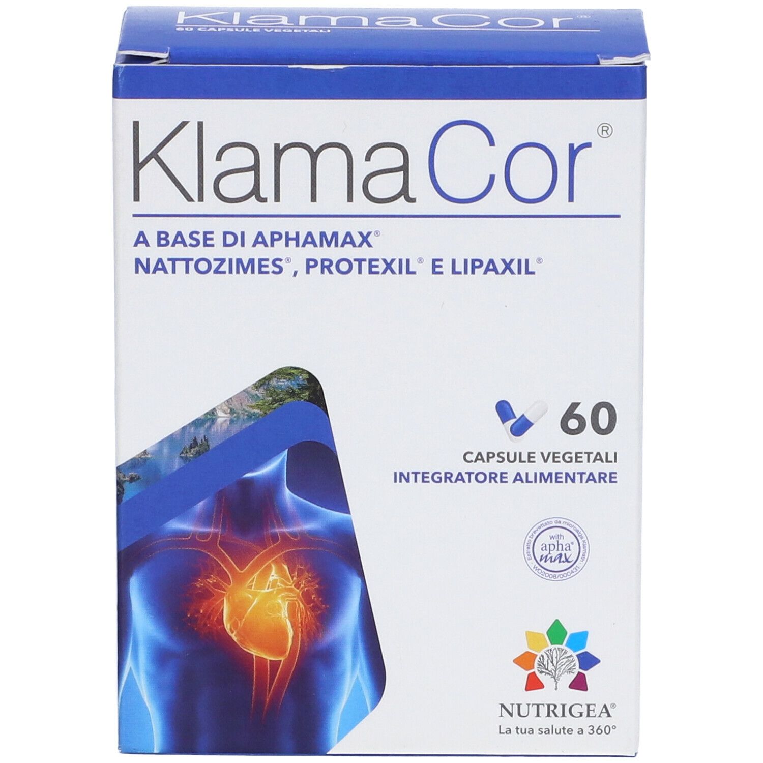 Confezione di Klamacor con 60 capsule. Scritta: A BASE DI APHAMAX, NATTOZIMES, PROTEXIL E LIPAXIL. Logo e 60 capsule.