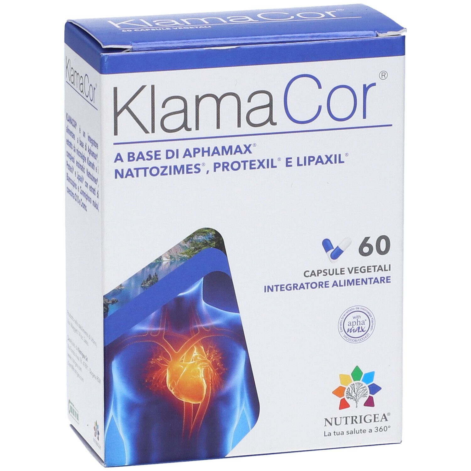 Confezione di Klamacor con 60 capsule. Scritta: A BASE DI APHAMAX, NATTOZIMES, PROTEXIL E LIPAXIL. Logo e 60 capsule.