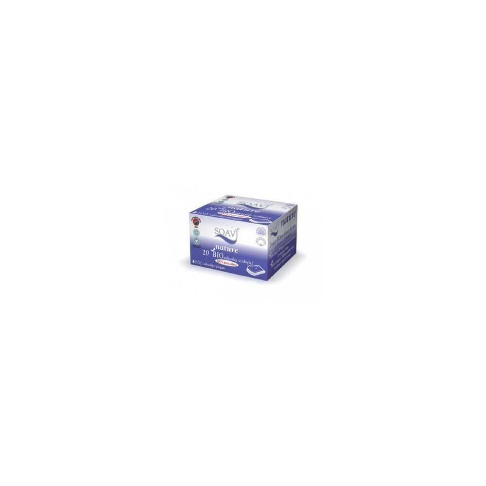 Karton mit Soavi Salvaslip Bio Ripiegati. Verpackung mit Produktinformationen und Logo.