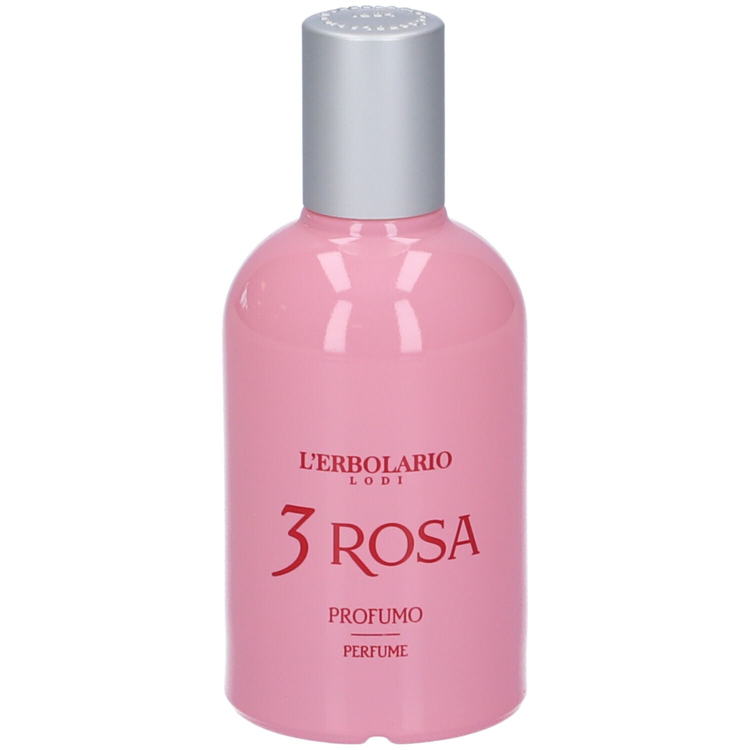 Flacone rosa con tappo argentato. Scritta: 3 Rosa, Profumo, Perfume. Marchio: L'Erbolario Lodi.