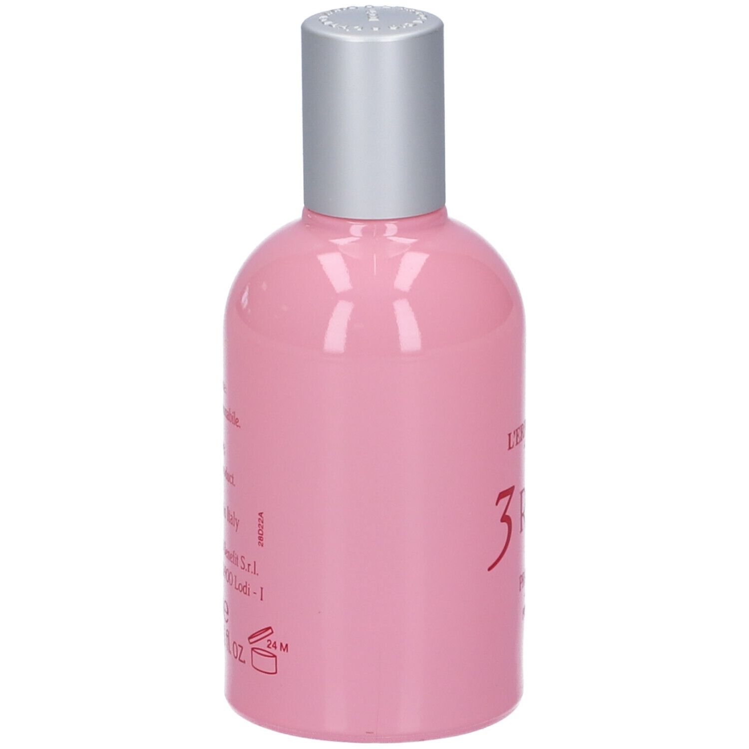 Flacone rosa con tappo argentato. Scritta: 3 Rosa. Testo sul retro. Marchio: L'Erbolario Lodi.