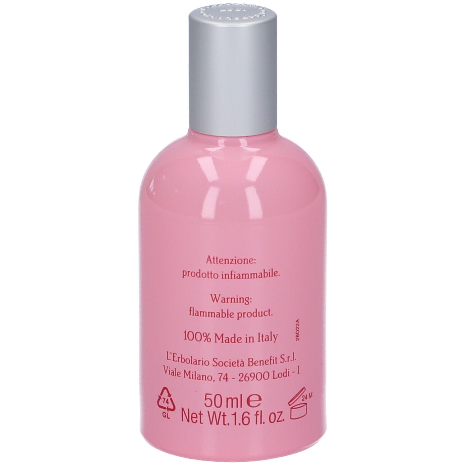 Flacone rosa con tappo argentato. Testo sul retro, avvertenze e ingredienti. Marchio: L'Erbolario Lodi.