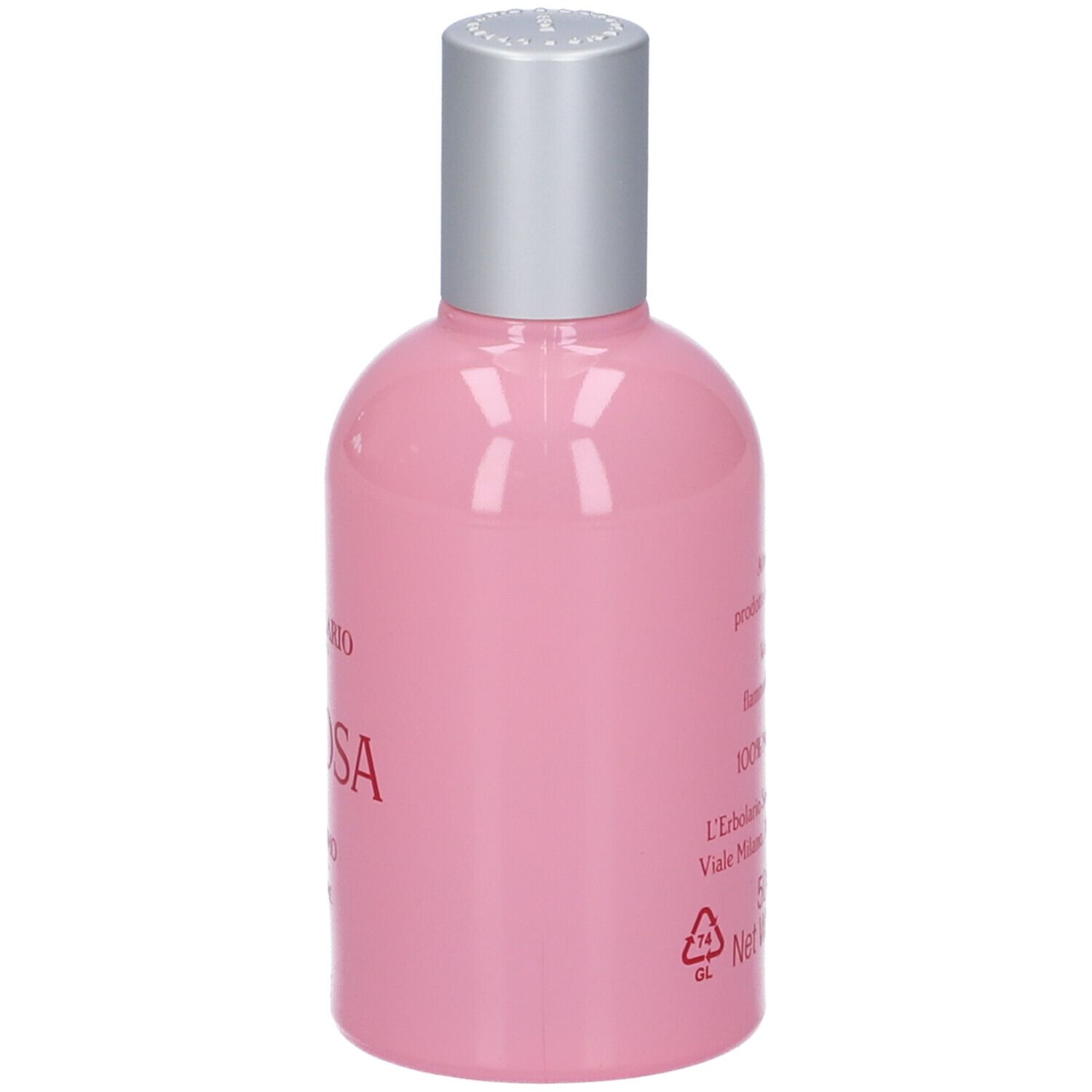 Flacone rosa con tappo argentato. Scritta: 3 Rosa. Testo sul retro. Marchio: L'Erbolario Lodi.
