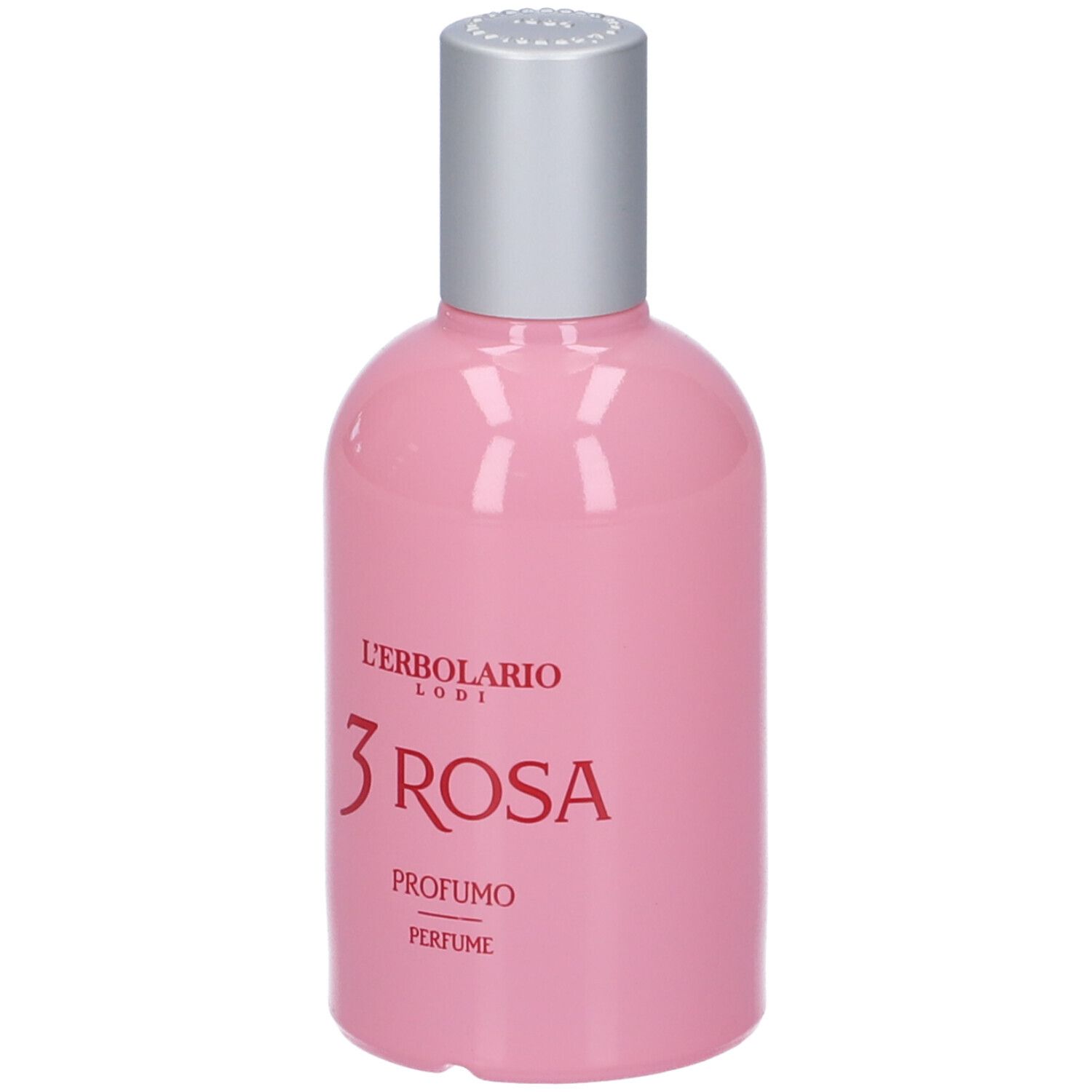 Flacone rosa con tappo argentato. Scritta: 3 Rosa, Profumo, Perfume. Marchio: L'Erbolario Lodi.
