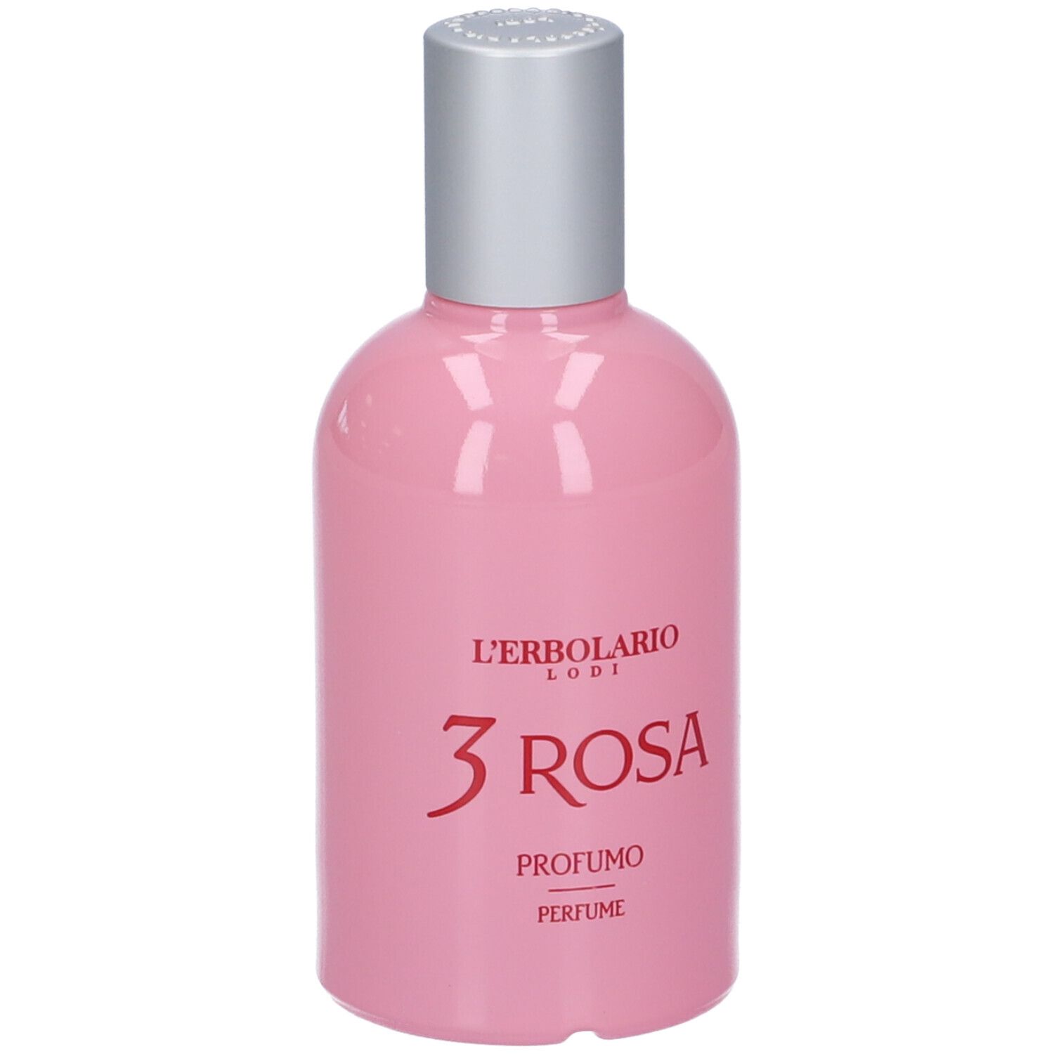 Flacone rosa con tappo argentato. Scritta: 3 Rosa, Profumo, Perfume. Marchio: L'Erbolario Lodi.
