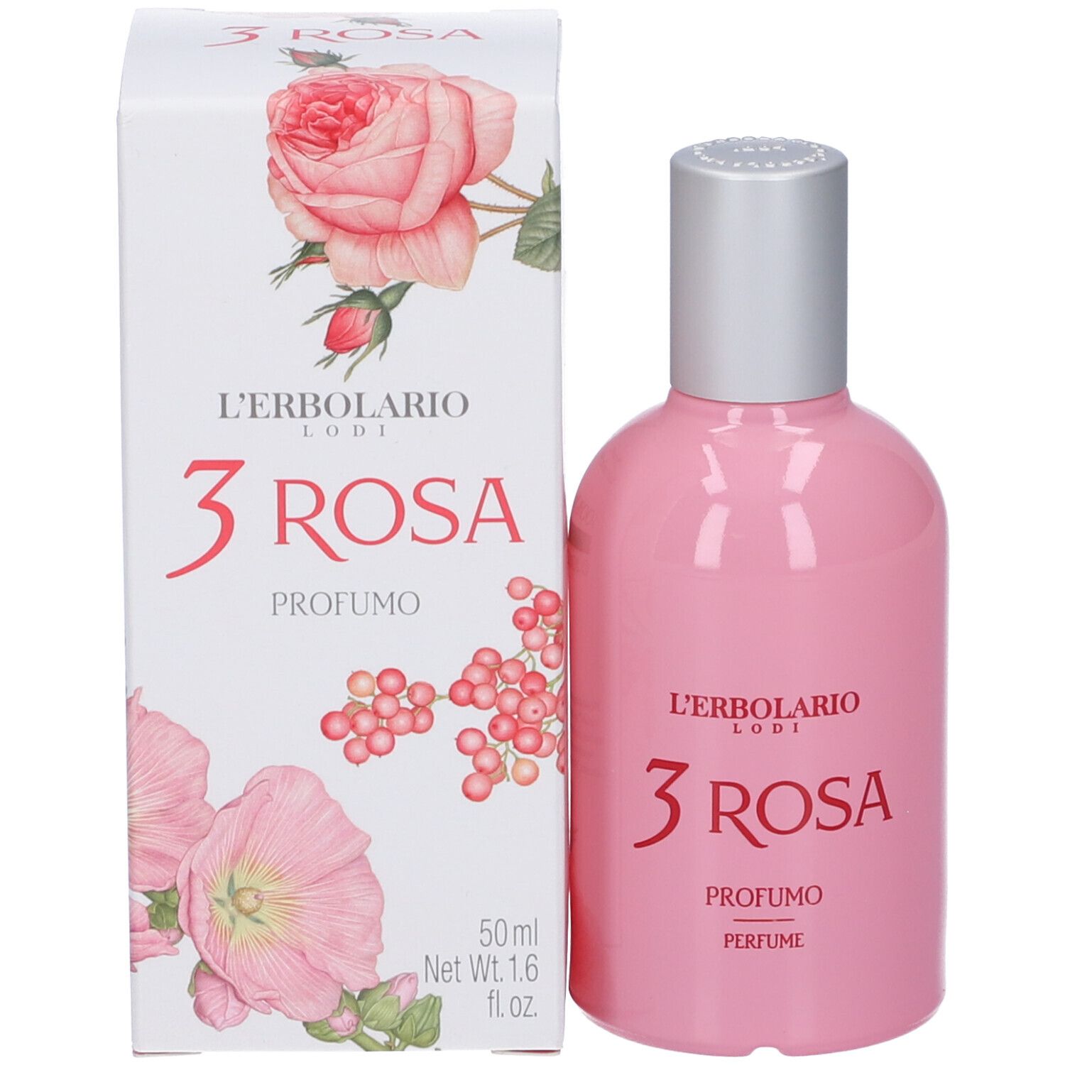 Flacone rosa con tappo argentato e confezione. Scritta: 3 Rosa, Profumo, Perfume. Marchio: L'Erbolario Lodi.