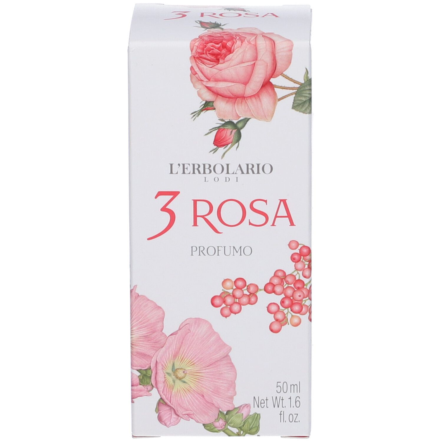 Confezione bianca con design floreale. Scritta: 3 Rosa, Profumo. Marchio: L'Erbolario Lodi. Contenuto: 50 ml.
